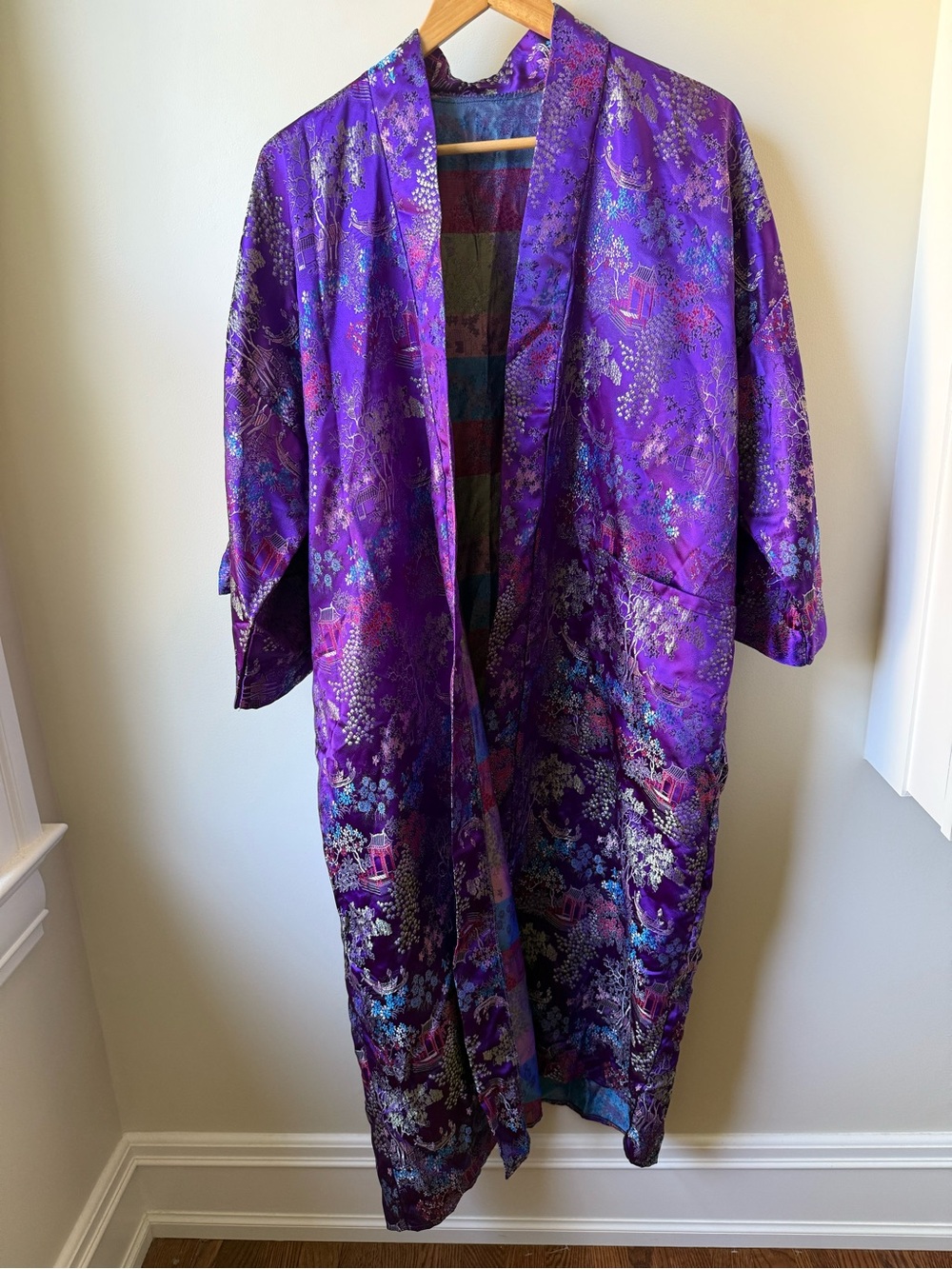 VINTAGE Jacquard Chinese Asian Kimono Robe Spa Loungewear Traditional Regal XL - Picture 2 of 7